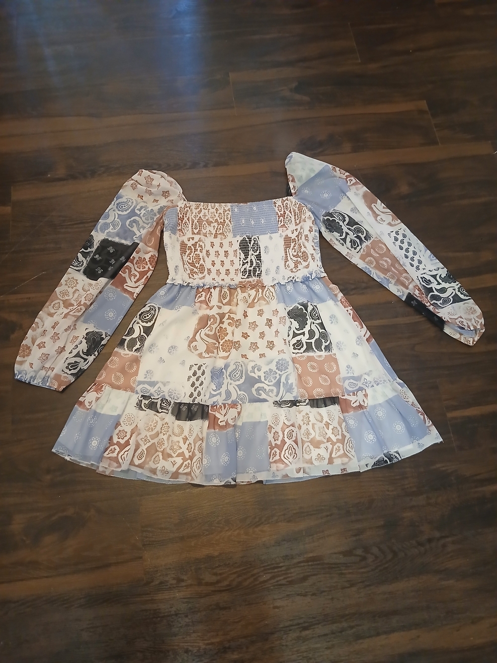 Wilfred Girls' Patchwork Print Dress in Blue, White, Brown, Black